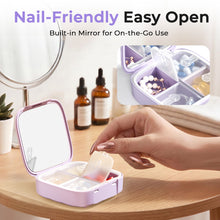 Load image into Gallery viewer, Daviky Small Pill Organizer for Purse, Travel Pill Box with Built-in Mirror, 4 Compartments Cute Pill Case for Daily Medication and Vitamins, Unique Open Design, Portable Medicine Organizer for Women