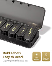 Load image into Gallery viewer, Daviky Pill Organizer 7 Day, Large Capacity Weekly Pill Box Once a Day | Portable Travel Medicine Case with Removable Daily Compartments, Easy Open Lids, Bold Labels, for Vitamin, Supplement, Black