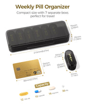 Load image into Gallery viewer, Daviky Pill Organizer 7 Day, Large Capacity Weekly Pill Box Once a Day | Portable Travel Medicine Case with Removable Daily Compartments, Easy Open Lids, Bold Labels, for Vitamin, Supplement, Black