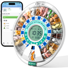 Load image into Gallery viewer, Daviky Automatic Pill Dispenser, 28 Compartments, App and Alarms, Blue. Bluetooth App Setup, Physical Button Controls, 1-6 Doses Daily, Sound and Light Alerts, Large LCD

