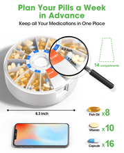 Load image into Gallery viewer, Daviky Pill Dispenser Daily, Large Pill Organizer with Wall-Mounted or Standing Use, 14 Days Pill Box, Push Button Design, Weekly Pill Organizer for Vitamin, Medicine.Supplement, Fish Oil

