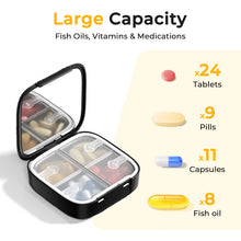 Load image into Gallery viewer, Daviky Small Pill Organizer for Purse, Travel Pill Box with Built-in Mirror, 4 Compartments Cute Pill Case for Daily Medication and Vitamins, Unique Open Design, Portable Medicine Organizer for Women
