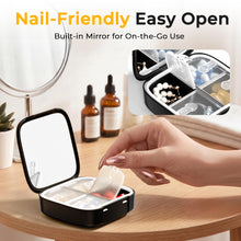 Load image into Gallery viewer, Daviky Small Pill Organizer for Purse, Travel Pill Box with Built-in Mirror, 4 Compartments Cute Pill Case for Daily Medication and Vitamins, Unique Open Design, Portable Medicine Organizer for Women
