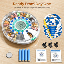 Load image into Gallery viewer, Daviky Automatic Pill Dispenser, 28 Compartments, App and Alarms, Blue. Bluetooth App Setup, Physical Button Controls, 1-6 Doses Daily, Sound and Light Alerts, Large LCD
