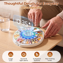 Load image into Gallery viewer, Daviky Automatic Pill Dispenser, 28 Compartments, App and Alarms, Blue. Bluetooth App Setup, Physical Button Controls, 1-6 Doses Daily, Sound and Light Alerts, Large LCD
